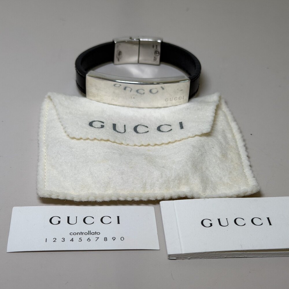 Gucci Vintage Sterling Silver & Black Leather ID Bangle Bracelet